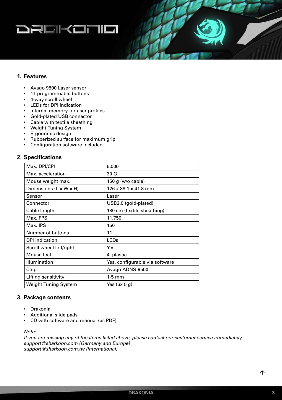 Features, Specifications, Package contents | SHARKOON Drakonia User Manual | Page 3 / 11