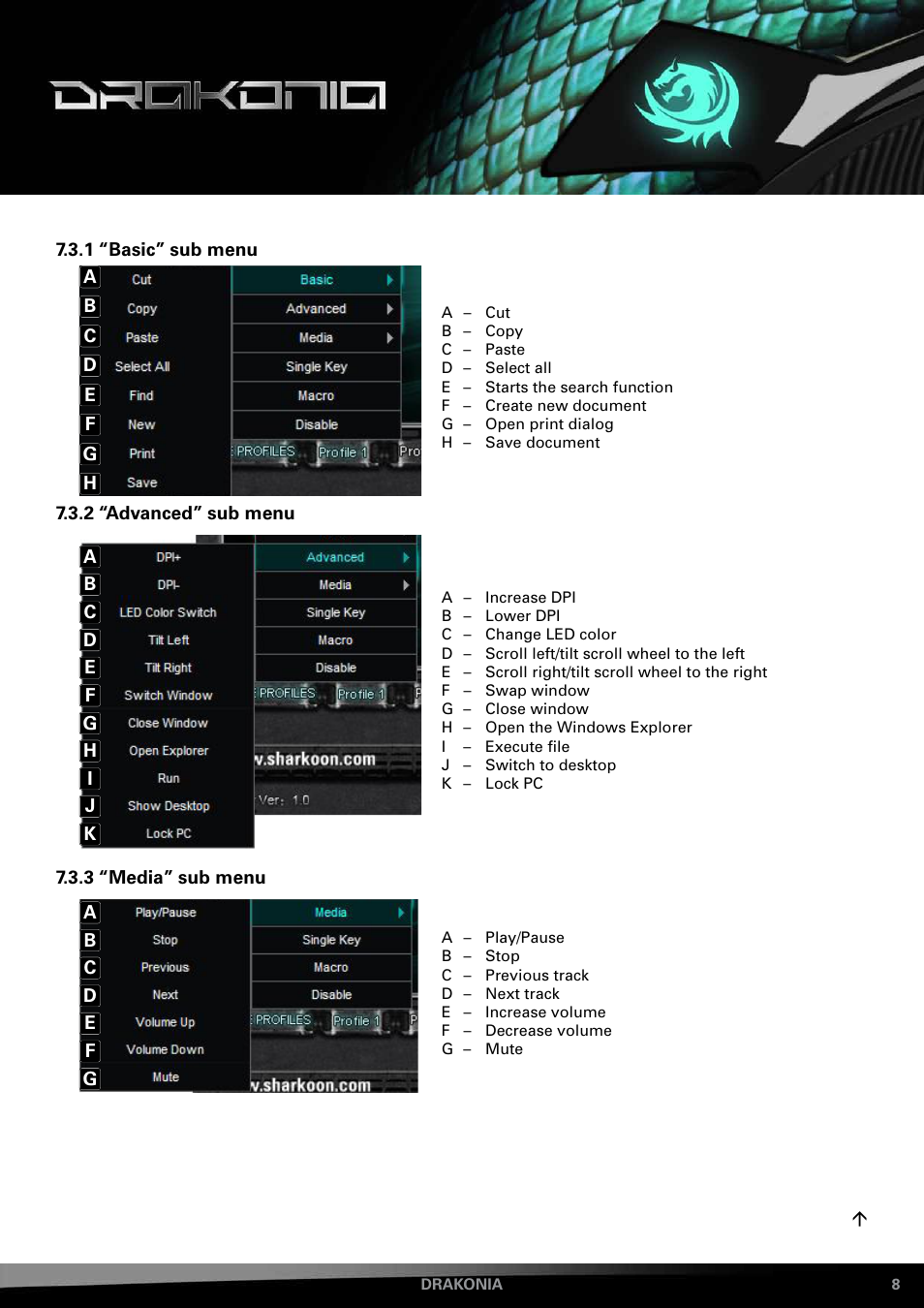 1 “basic” sub menu, 2 “advanced” sub menu, 3 “media” sub menu | SHARKOON Drakonia User Manual | Page 8 / 11