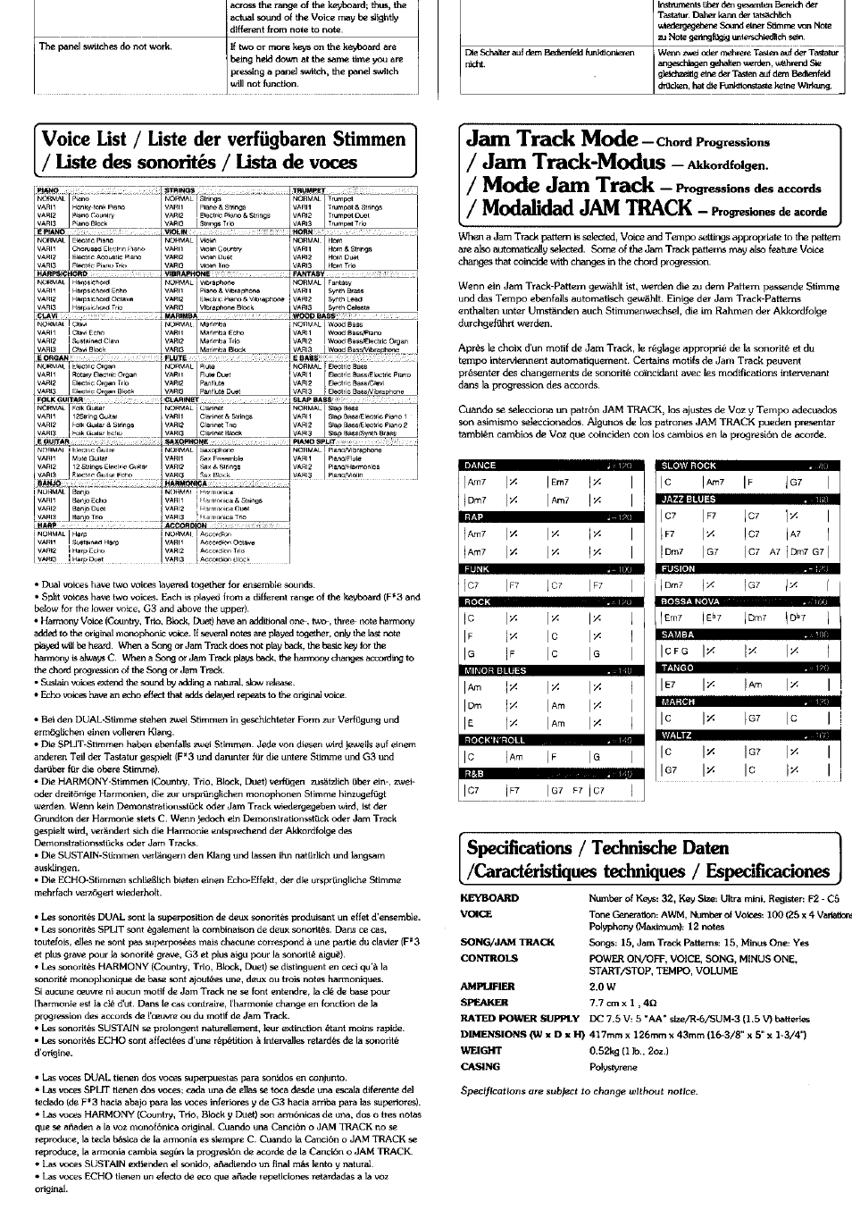 Jam track mode, Jam track-modus, Mode jam track | Modalidad jam track, Chord progressions, Akkordfolgen, Progressions des accords, Progresiones de acorde | Yamaha PSS-6 User Manual | Page 3 / 8