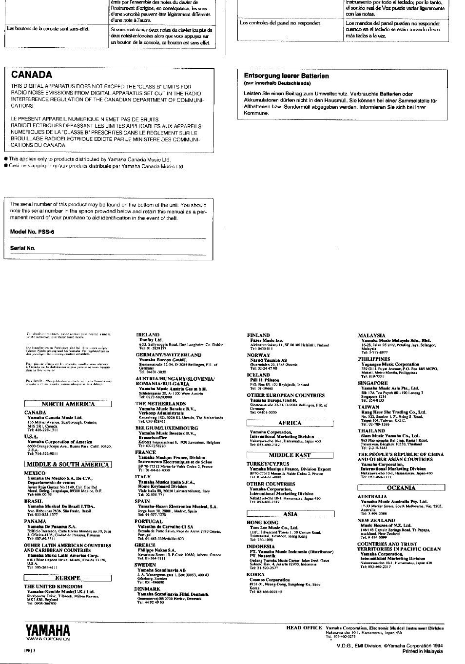 Yamaha, Canada, Austhia/hungary/sloveniay | Entsorgung leerer batterien | Yamaha PSS-6 User Manual | Page 4 / 8