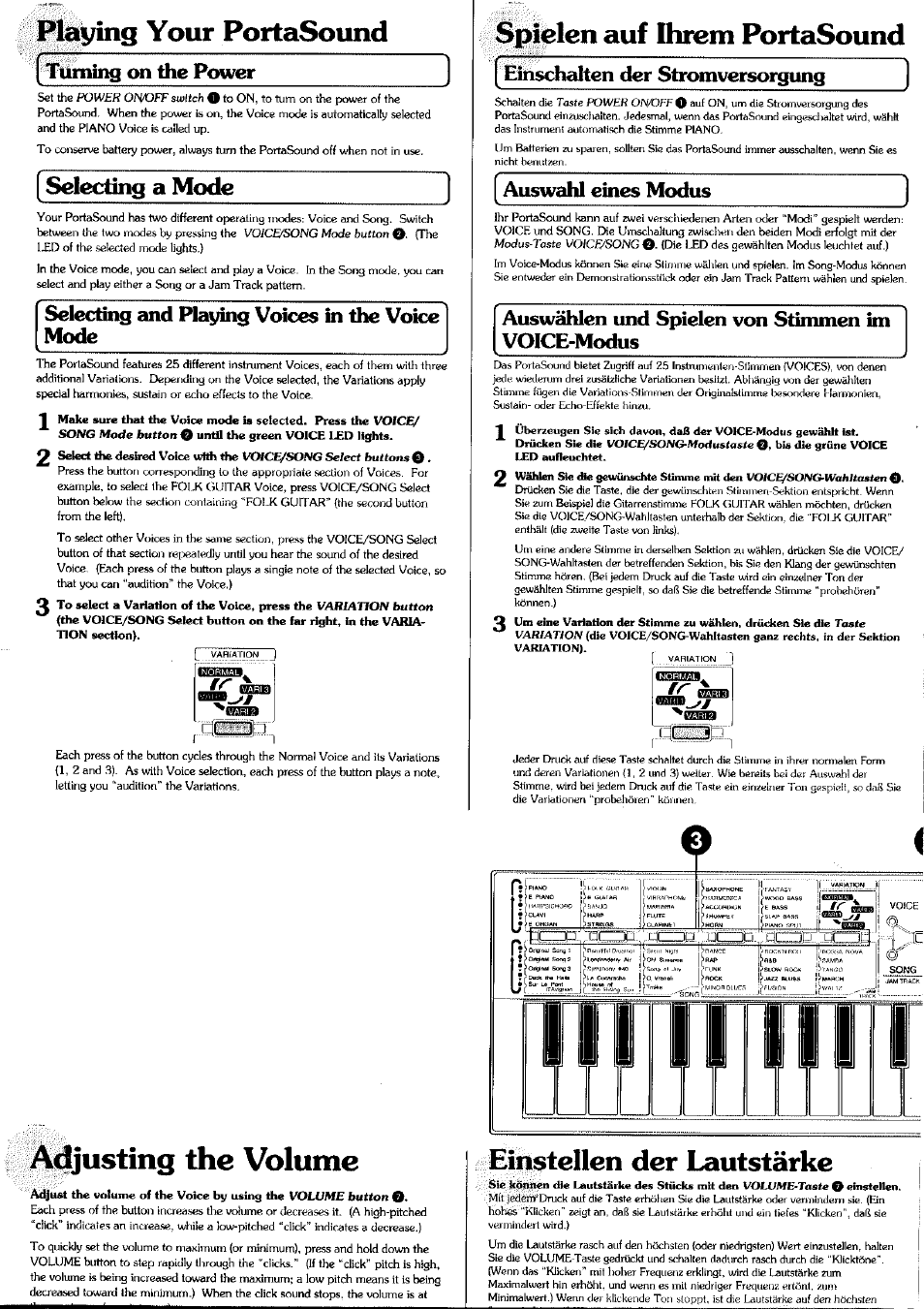 Adjusting the volume, Playing your poitasound, Spielen auf ihrem portasound | Einstellen der lautstärke, Selecting a mode, Auswahl eines, Selecting and playing voices in the voice mode i | Yamaha PSS-6 User Manual | Page 5 / 8