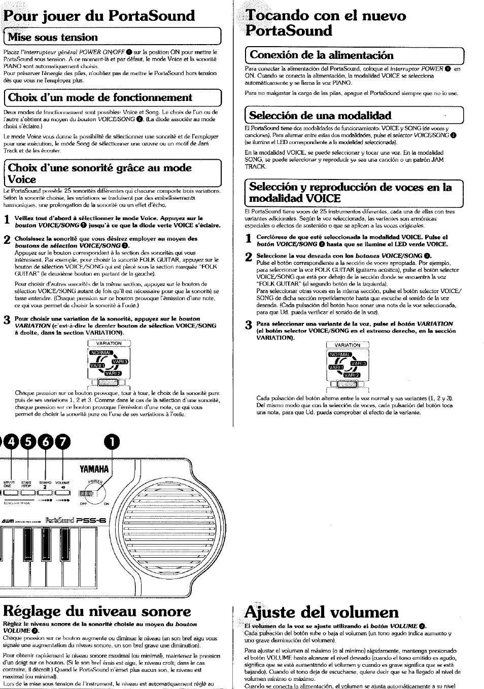 Ajuste del volumen, Pour jouer du portasound, Tocando con el nuevo portasound | Réglage du niveau sonore, Mise sous tension, Choix d’un mode de fonctionnement, Conexión de la alimentación, Selección de una modalidad | Yamaha PSS-6 User Manual | Page 6 / 8