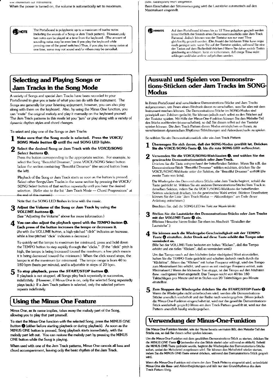 Using the minus one feature, Button, Verwendung der ivfinus43ne-funkdon | Yamaha PSS-6 User Manual | Page 7 / 8