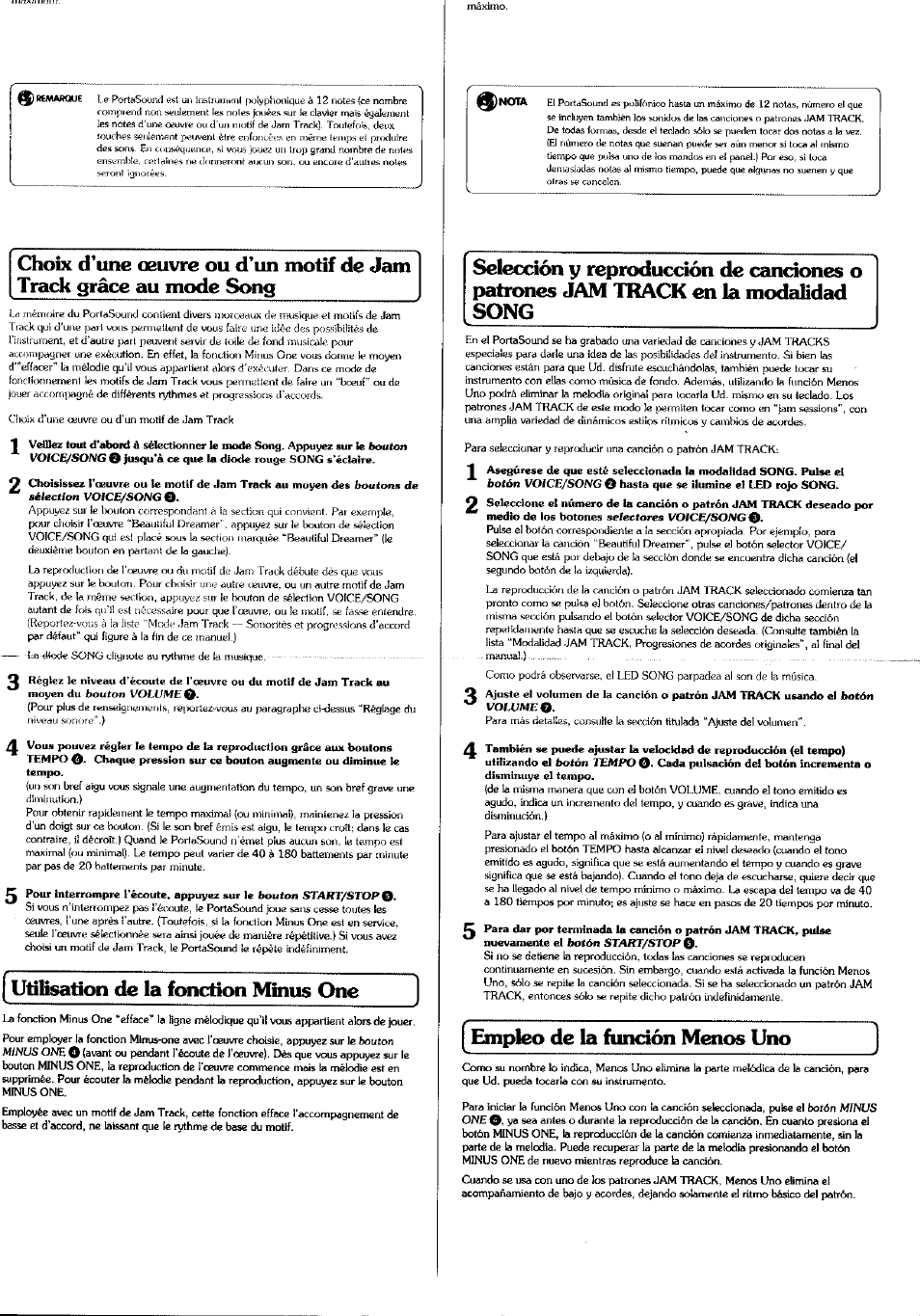 Utilisation de la fonction minus one, Empleo de la función menos uno | Yamaha PSS-6 User Manual | Page 8 / 8