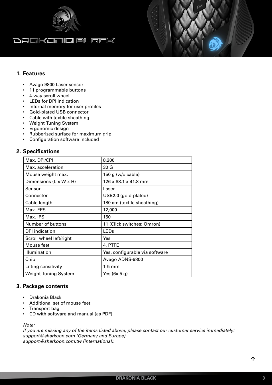 Features, Specifications, Package contents | SHARKOON Drakonia Black User Manual | Page 3 / 11