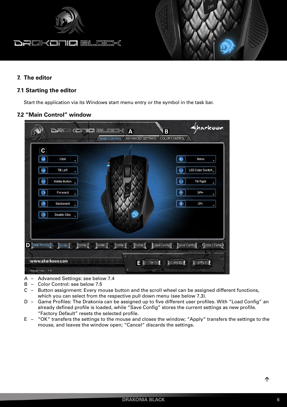 The editor, 1 starting the editor, 2 “main control” window | SHARKOON Drakonia Black User Manual | Page 6 / 11