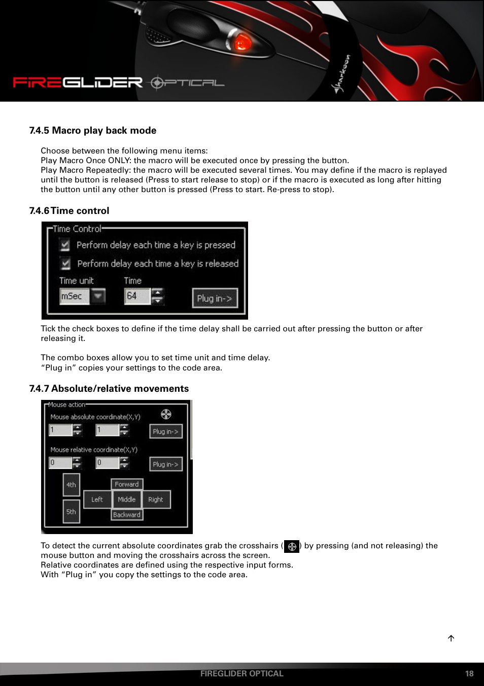 5 macro play back mode 7.4.6 time, Control, 7 absolute/relative | Movements | SHARKOON FireGlider Optical User Manual | Page 18 / 20