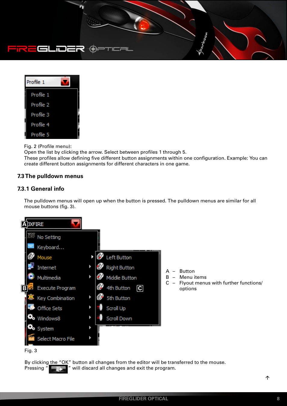 3 the pulldown menus 7.3.1 general, Info | SHARKOON FireGlider Optical User Manual | Page 8 / 20