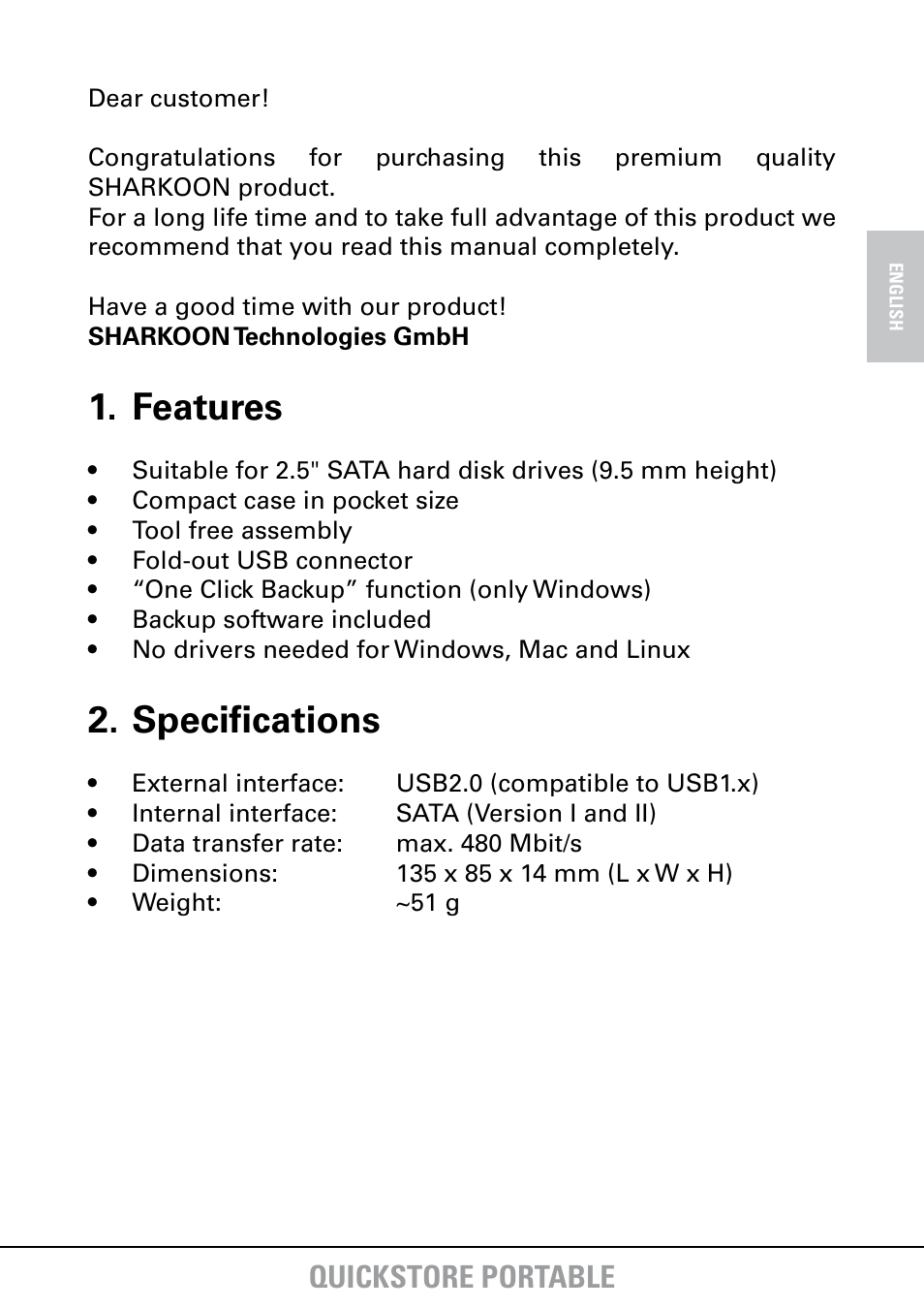 Features, Specifications, Quickstore portable | SHARKOON QuickStore Portable User Manual | Page 3 / 18