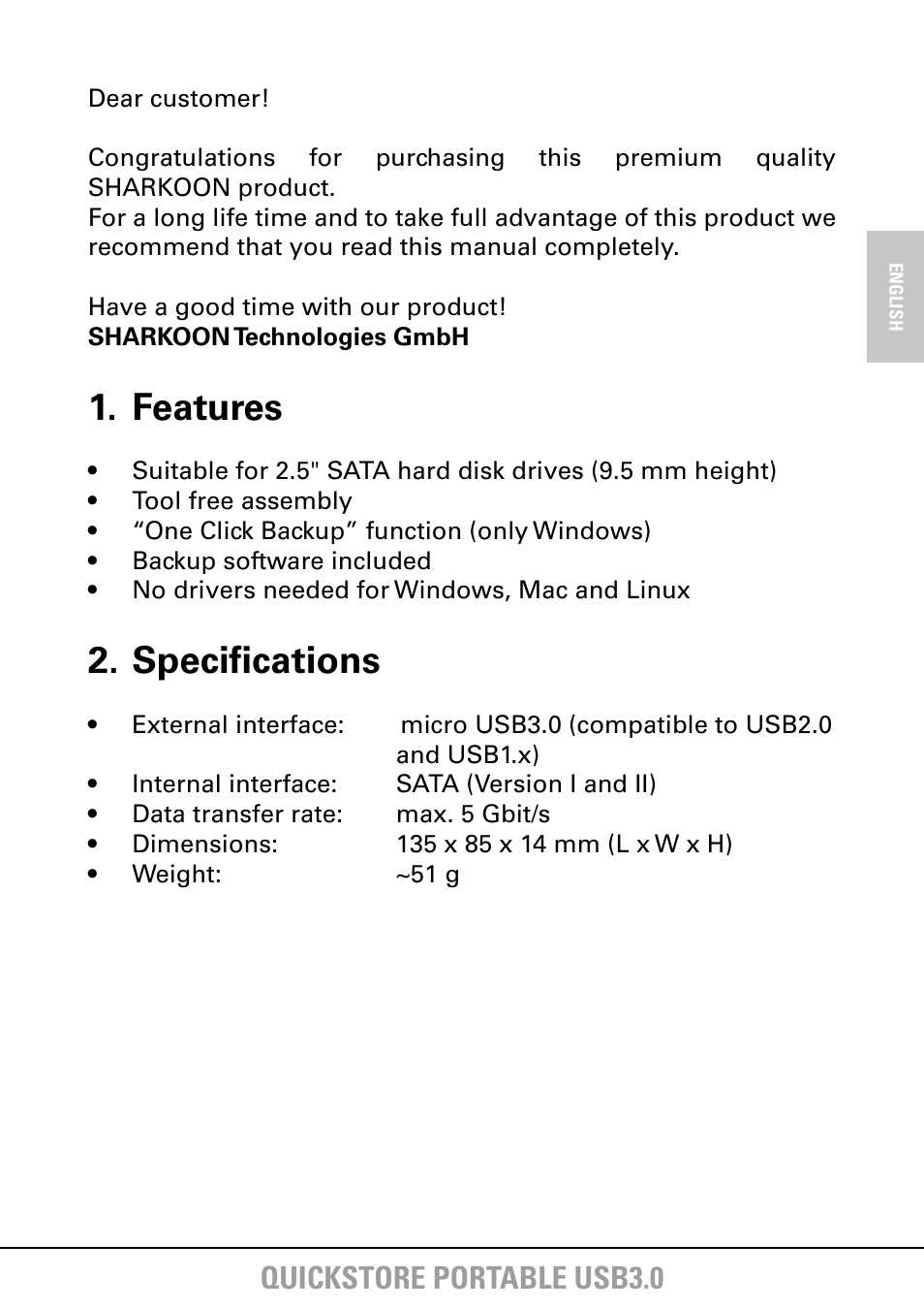 Features, Specifications, Quickstore portable usb3.0 | SHARKOON QuickStore Portable USB3.0 User Manual | Page 3 / 18