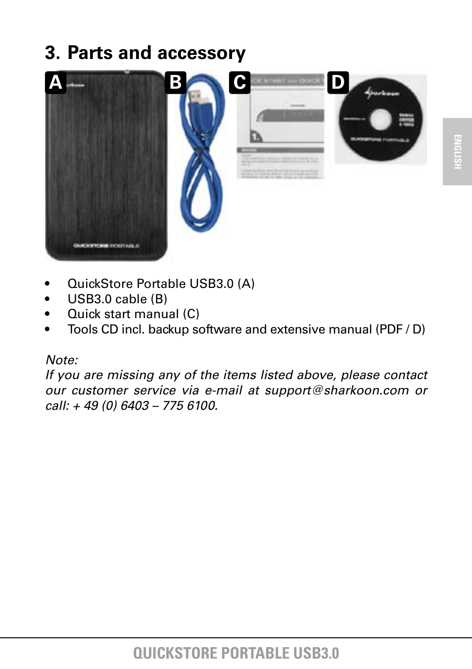 Parts and accessory, Da b c | SHARKOON QuickStore Portable USB3.0 User Manual | Page 4 / 18