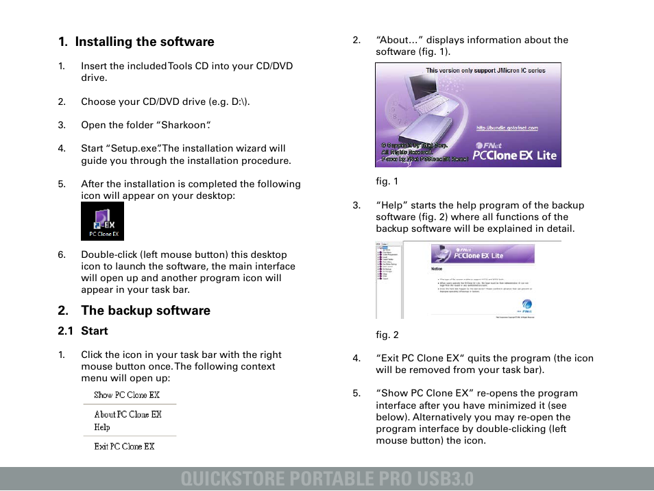 Quickstore portable pro usb3.0, Installing the software, The backup software | SHARKOON QuickStore Portable Pro USB3.0 User Manual | Page 2 / 5