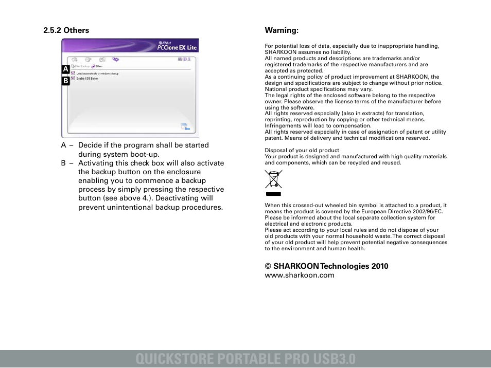 Quickstore portable pro usb3.0, Warning, Sharkoon technologies 2010 | 2 others | SHARKOON QuickStore Portable Pro USB3.0 User Manual | Page 5 / 5