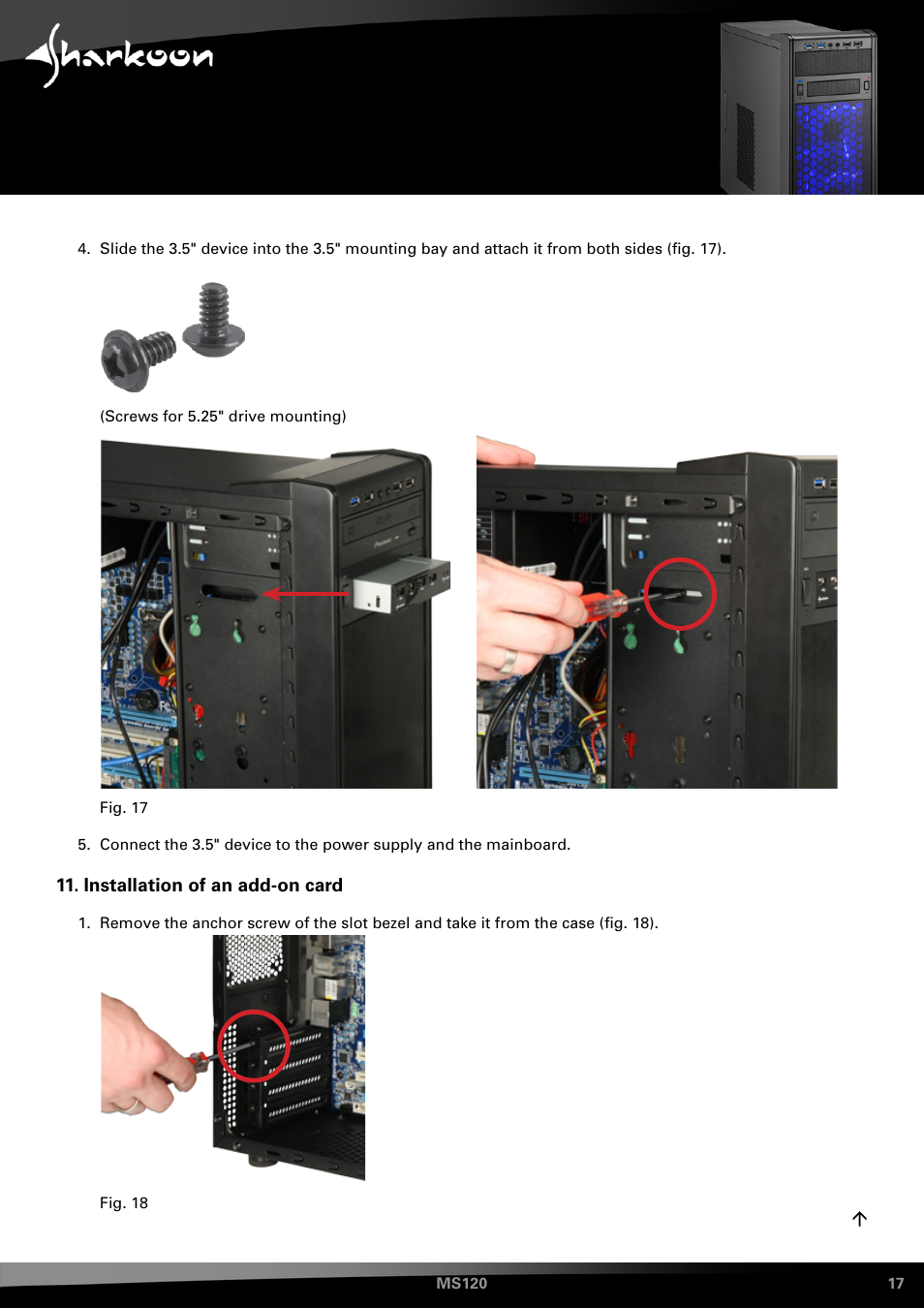 Installation of an add-on card | SHARKOON MS120 User Manual | Page 17 / 19