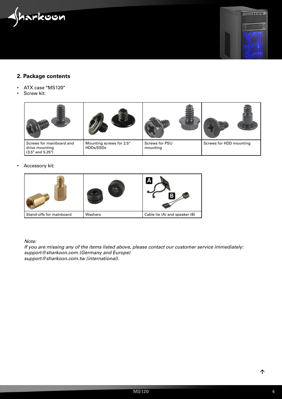 Package content, Package contents | SHARKOON MS120 User Manual | Page 4 / 19