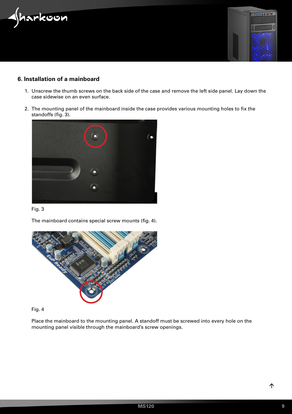 Installation of a mainboard | SHARKOON MS120 User Manual | Page 9 / 19