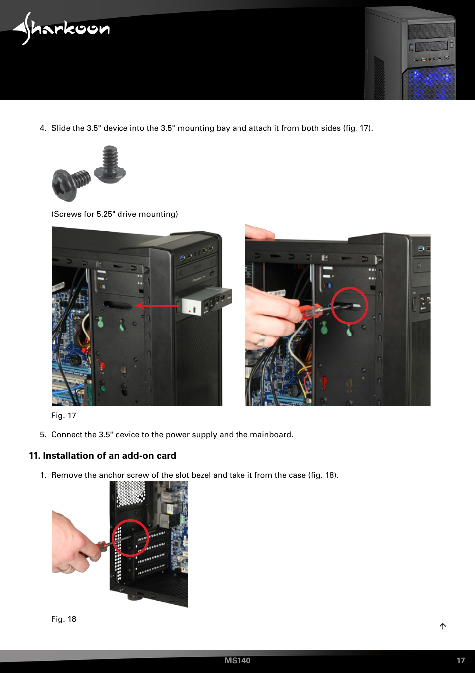 Installation of an add-on card | SHARKOON MS140 User Manual | Page 17 / 19