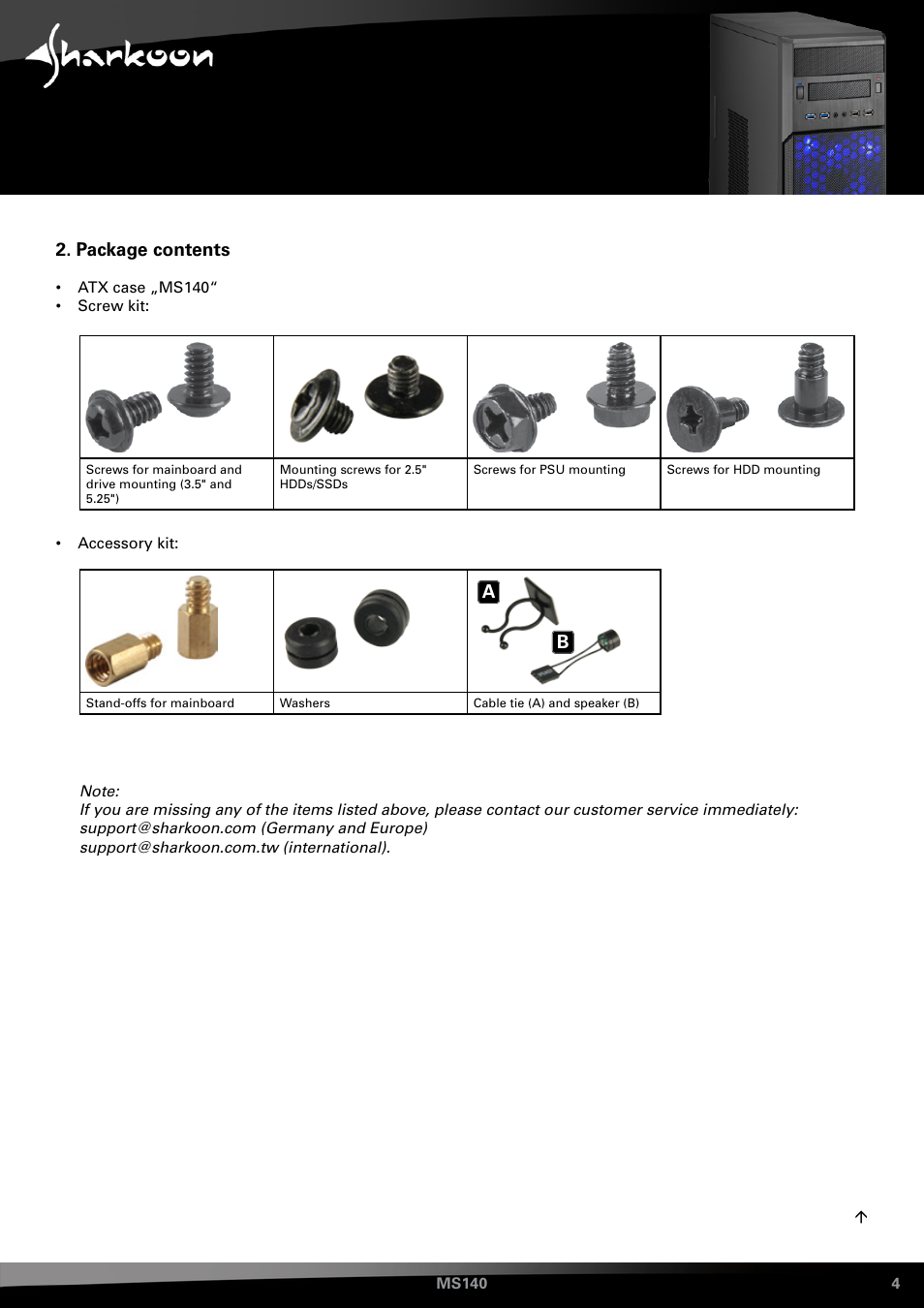 Package content, Package contents | SHARKOON MS140 User Manual | Page 4 / 19