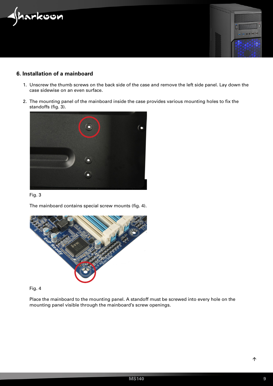 Installation of a mainboard | SHARKOON MS140 User Manual | Page 9 / 19