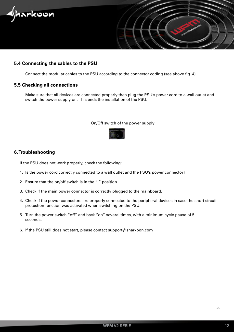 4 connecting the cables to the psu, 5 checking all connections, Troubleshooting | SHARKOON WPM V2 User Manual | Page 12 / 13