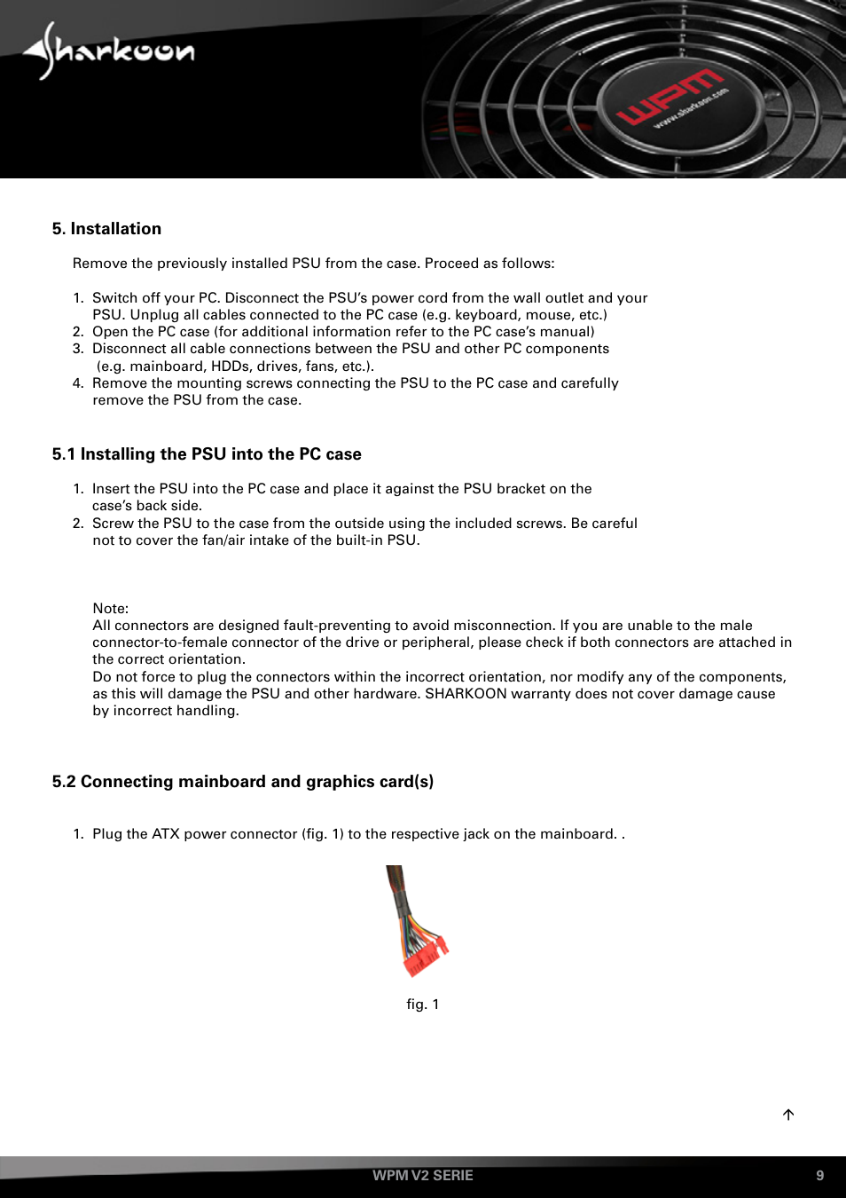 Installation, 1 installing the psu into a pc case, 2 connecting mainboard and graphics card(s) | SHARKOON WPM V2 User Manual | Page 9 / 13