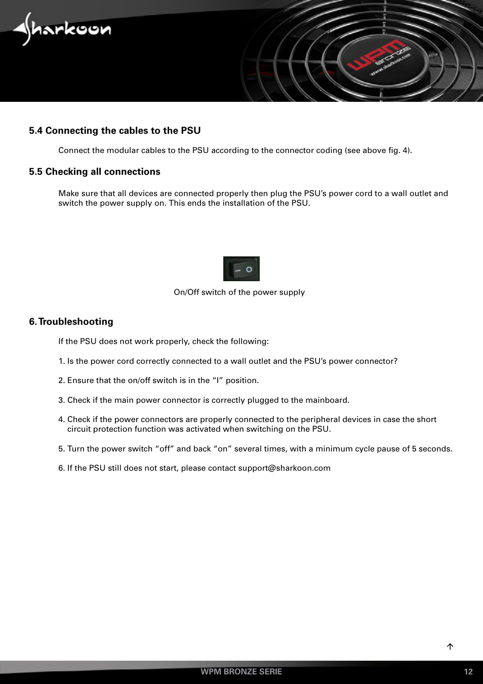 4 connecting the cables to the psu, 5 checking all connections, Troubleshooting | SHARKOON WPM Bronze User Manual | Page 12 / 13