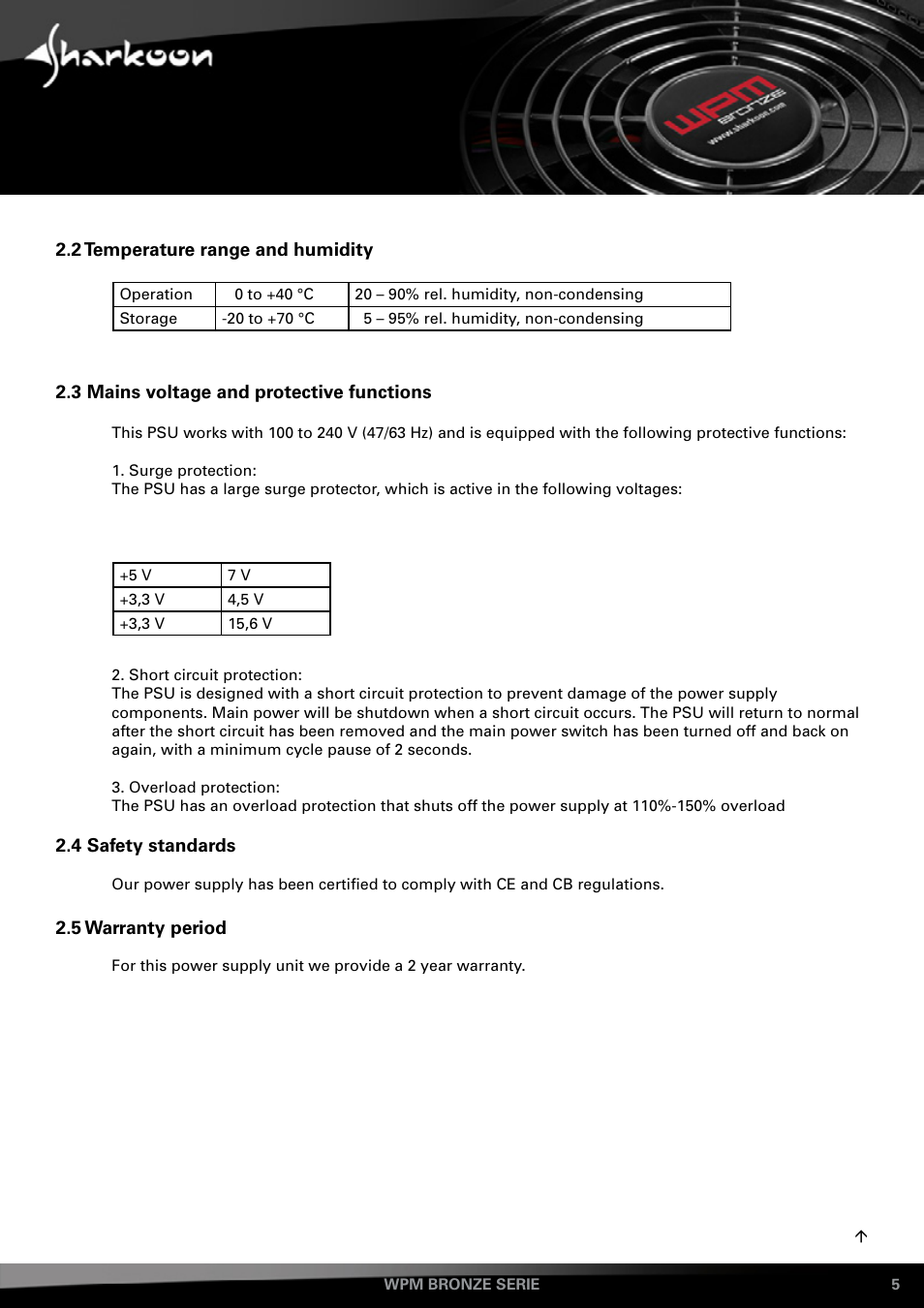 Temperature, Range, Humidity | Mains, Voltage, Protective, Functions, Safety, Standards, Warranty | SHARKOON WPM Bronze User Manual | Page 5 / 13