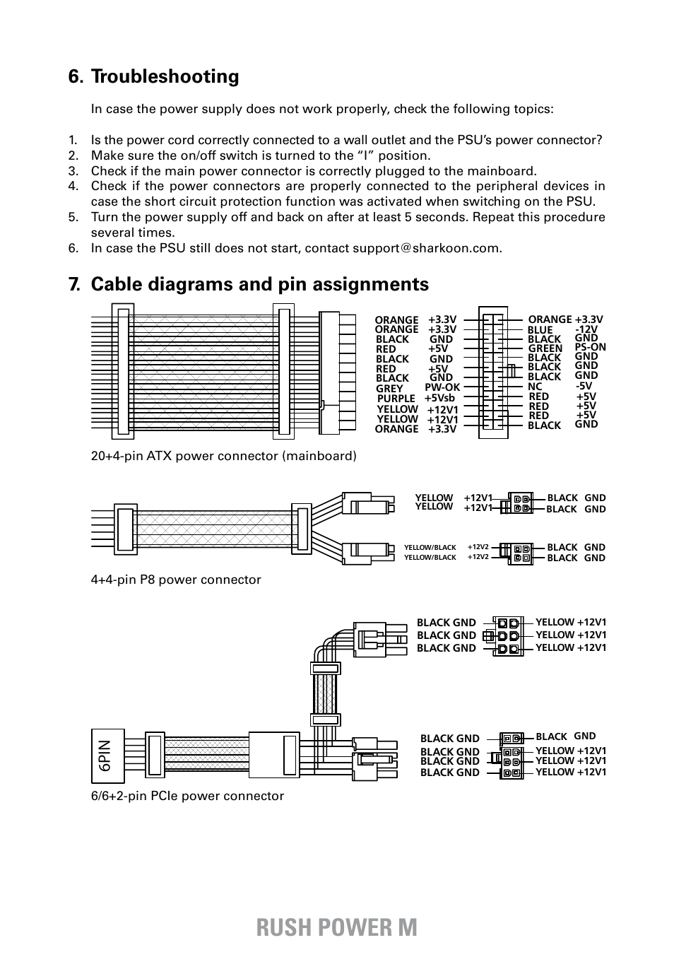 Rush power m, Troubleshooting, Cable diagrams and pin assignments | 6pin | SHARKOON Rush Power M User Manual | Page 12 / 14
