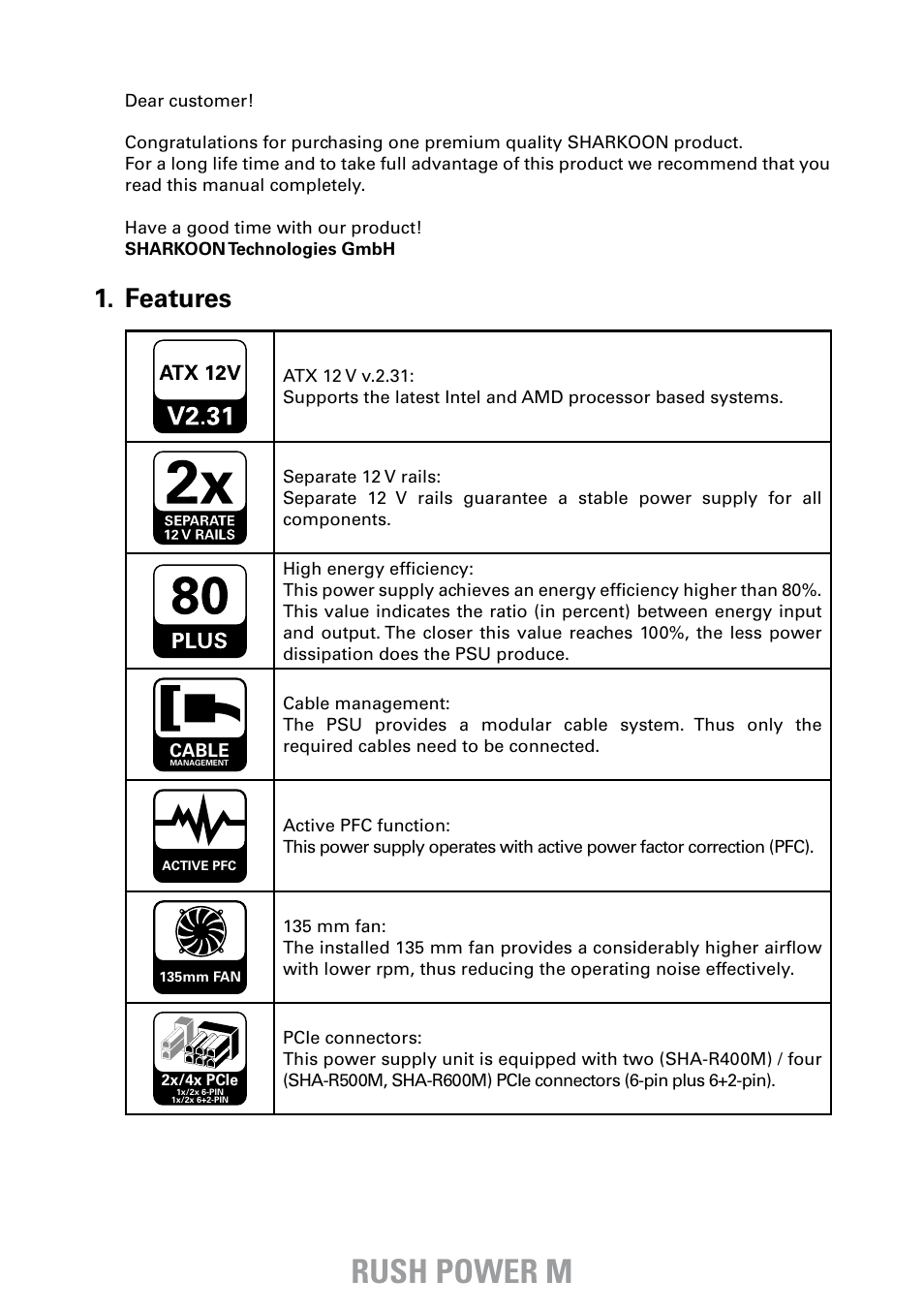 Rush power m, Features | SHARKOON Rush Power M User Manual | Page 3 / 14