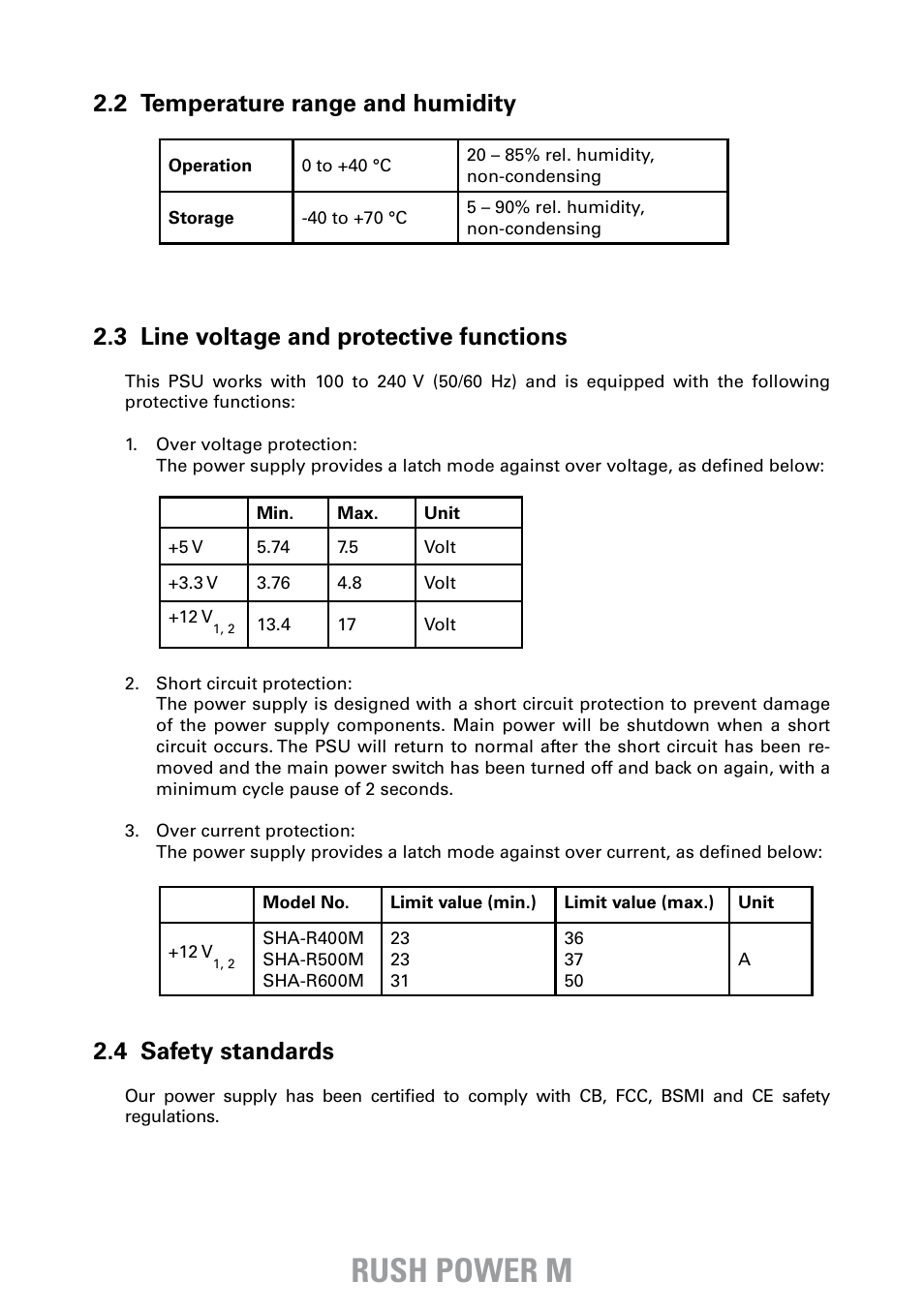 Rush power m, 3 line voltage and protective functions, 4 safety standards | 2 temperature range and humidity | SHARKOON Rush Power M User Manual | Page 5 / 14