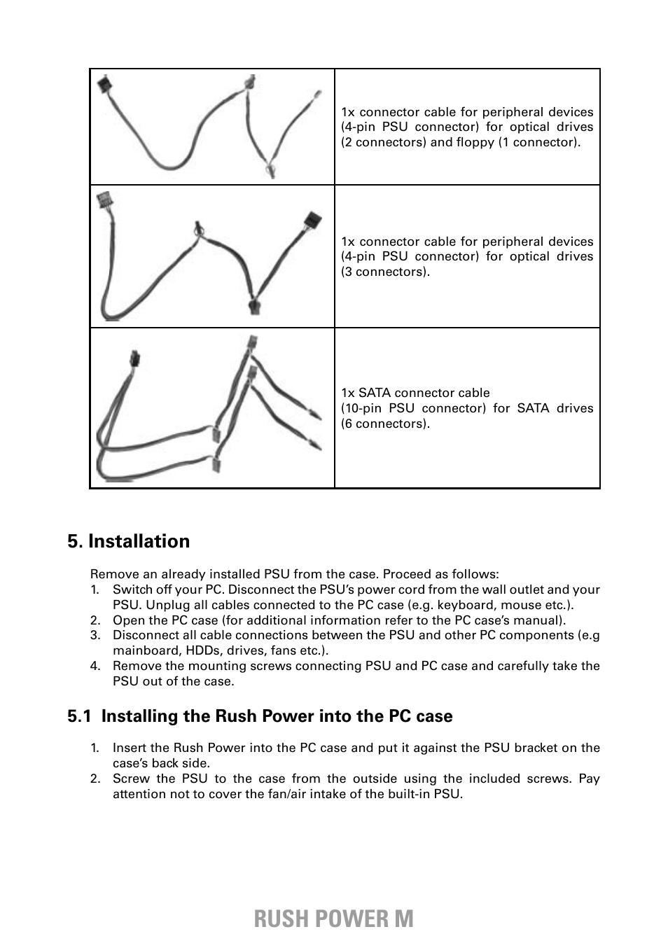 Rush power m, Installation, 1 installing the rush power into the pc case | SHARKOON Rush Power M User Manual | Page 8 / 14