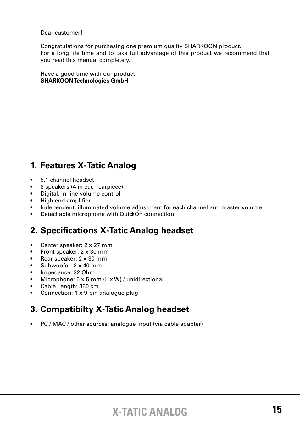 X-tatic analog 15, Features x-tatic analog, Specifications x-tatic analog headset | Compatibilty x-tatic analog headset | SHARKOON X-Tatic Analog User Manual | Page 3 / 10
