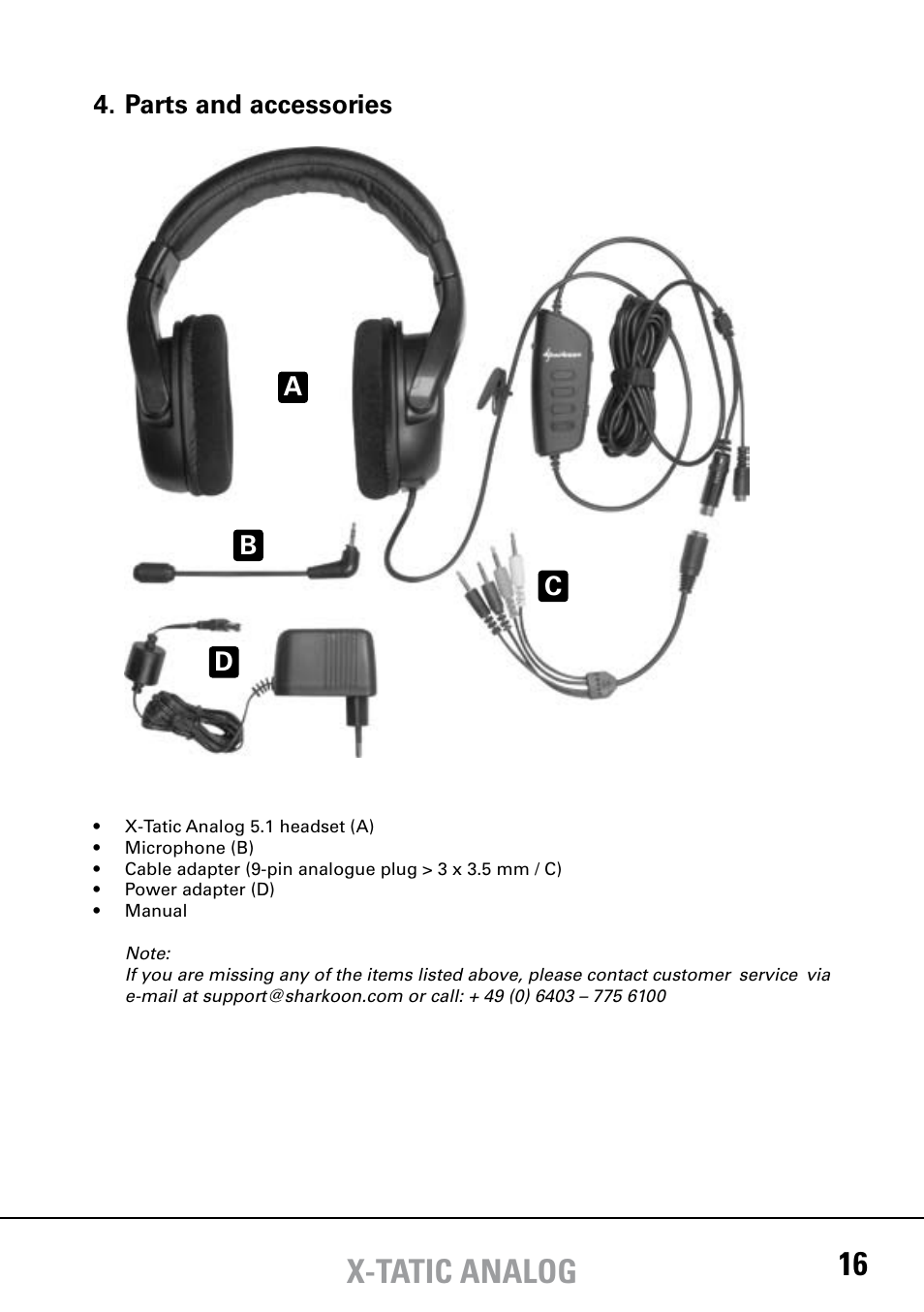 X-tatic analog, Parts and accessories, Ab c d | SHARKOON X-Tatic Analog User Manual | Page 4 / 10