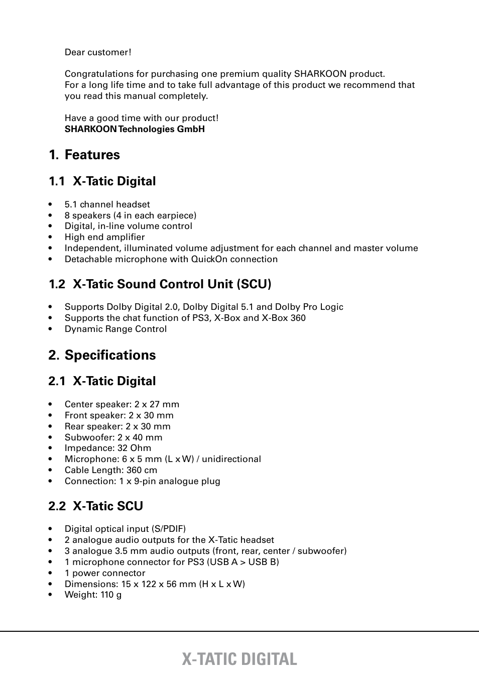 X-tatic digital, Features, Specifications | 1 x-tatic digital, 2 x-tatic sound control unit (scu), 2 x-tatic scu | SHARKOON X-Tatic Digital User Manual | Page 3 / 15
