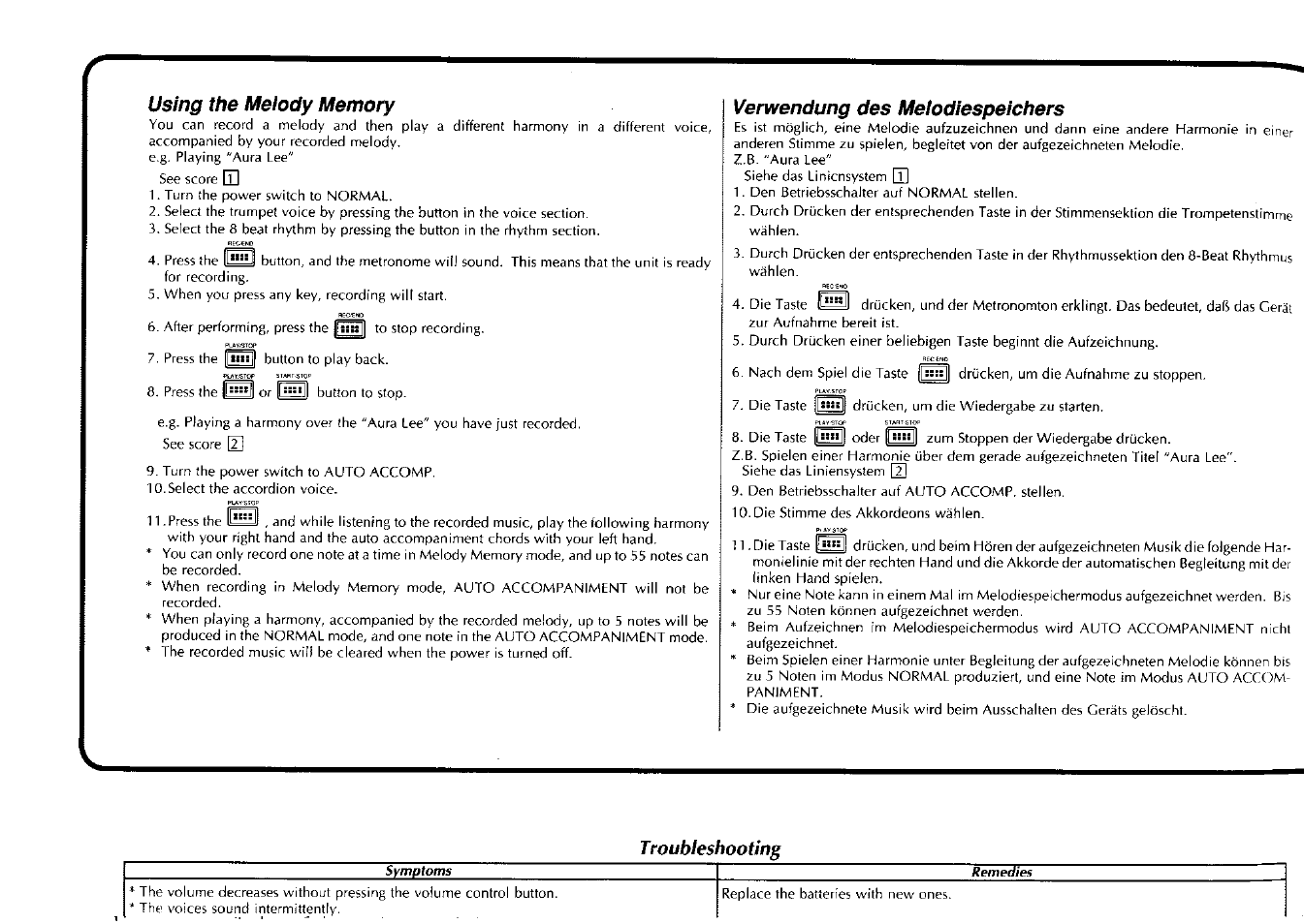 Verwendung des melodiespeichers, Troubleshooting | Yamaha PSS-80 User Manual | Page 11 / 16
