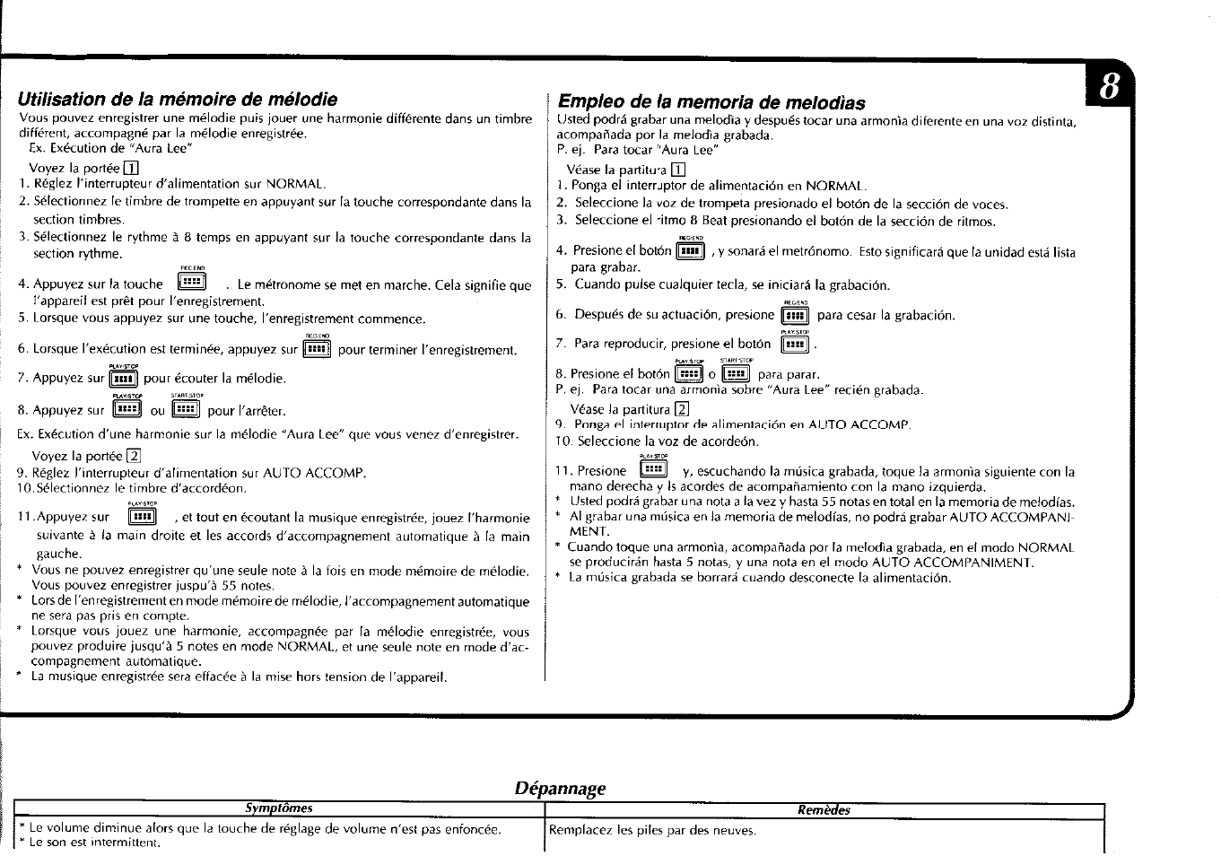 Uti/isation de la mémoire de mélodie, Dépannage | Yamaha PSS-80 User Manual | Page 12 / 16