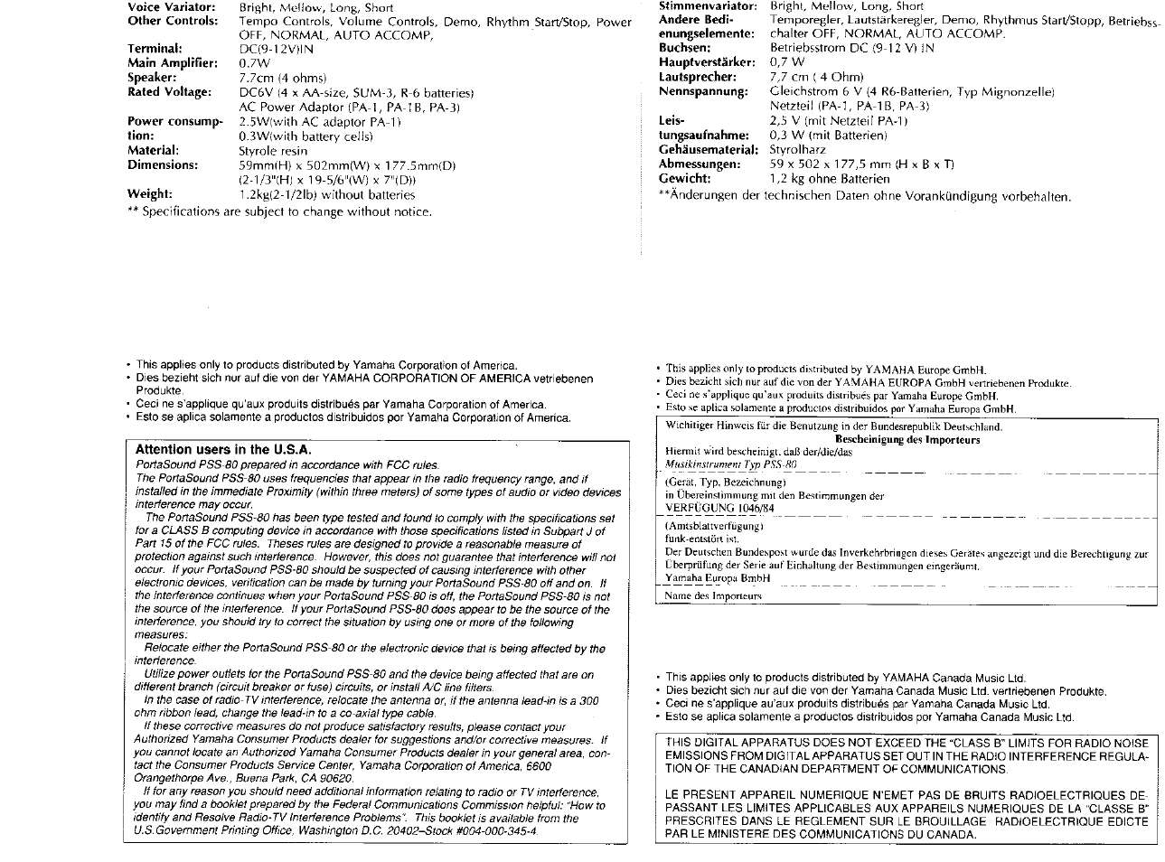 Attention users in the u.s.a | Yamaha PSS-80 User Manual | Page 15 / 16