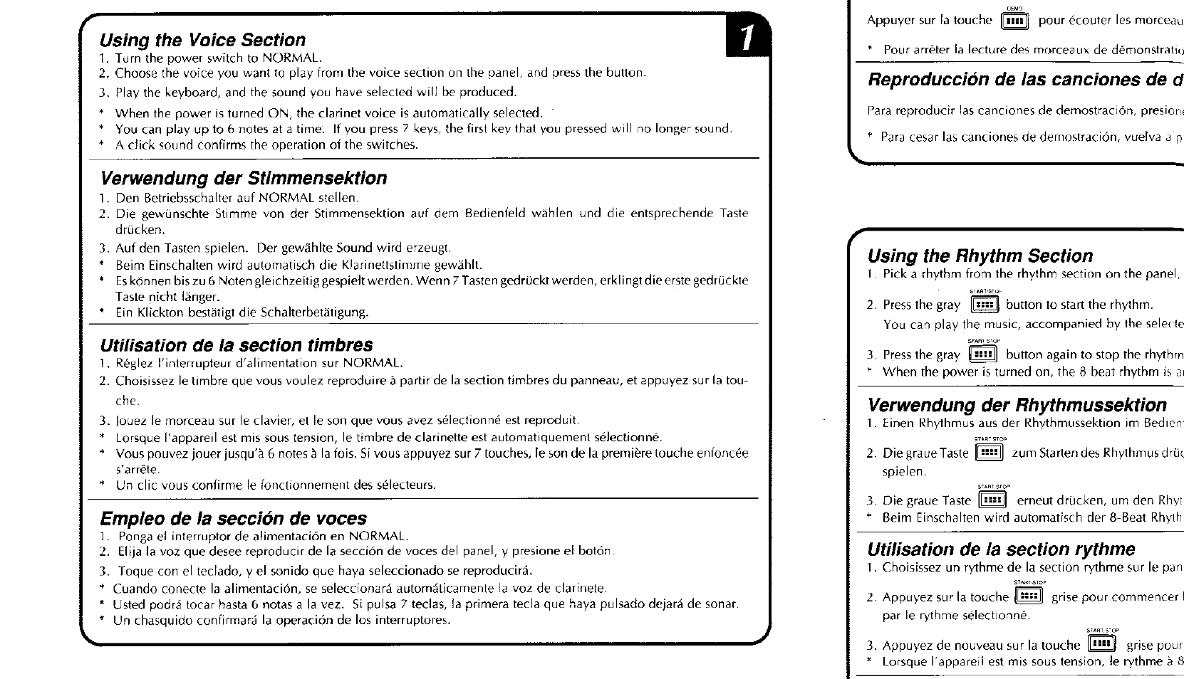 Verwendung der stimmensektion, Empleo de la sección de voces, Reproducción de las canciones de d | Verwendung der rhythmussektion | Yamaha PSS-80 User Manual | Page 5 / 16