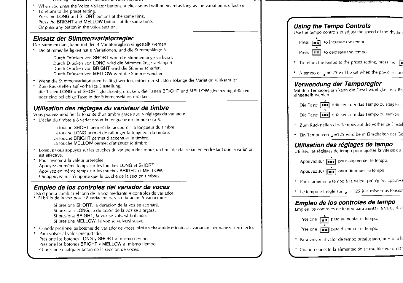 Einsatz der stimmenvanatorregier, Utilisation des réglages du variateur de timbre, Empieo de ios controles del variador de voces | Using the tempo controls, Verwendung der temporegier, Utilisation des réglages de tempo, Empleo de los controles de tempo | Yamaha PSS-80 User Manual | Page 7 / 16