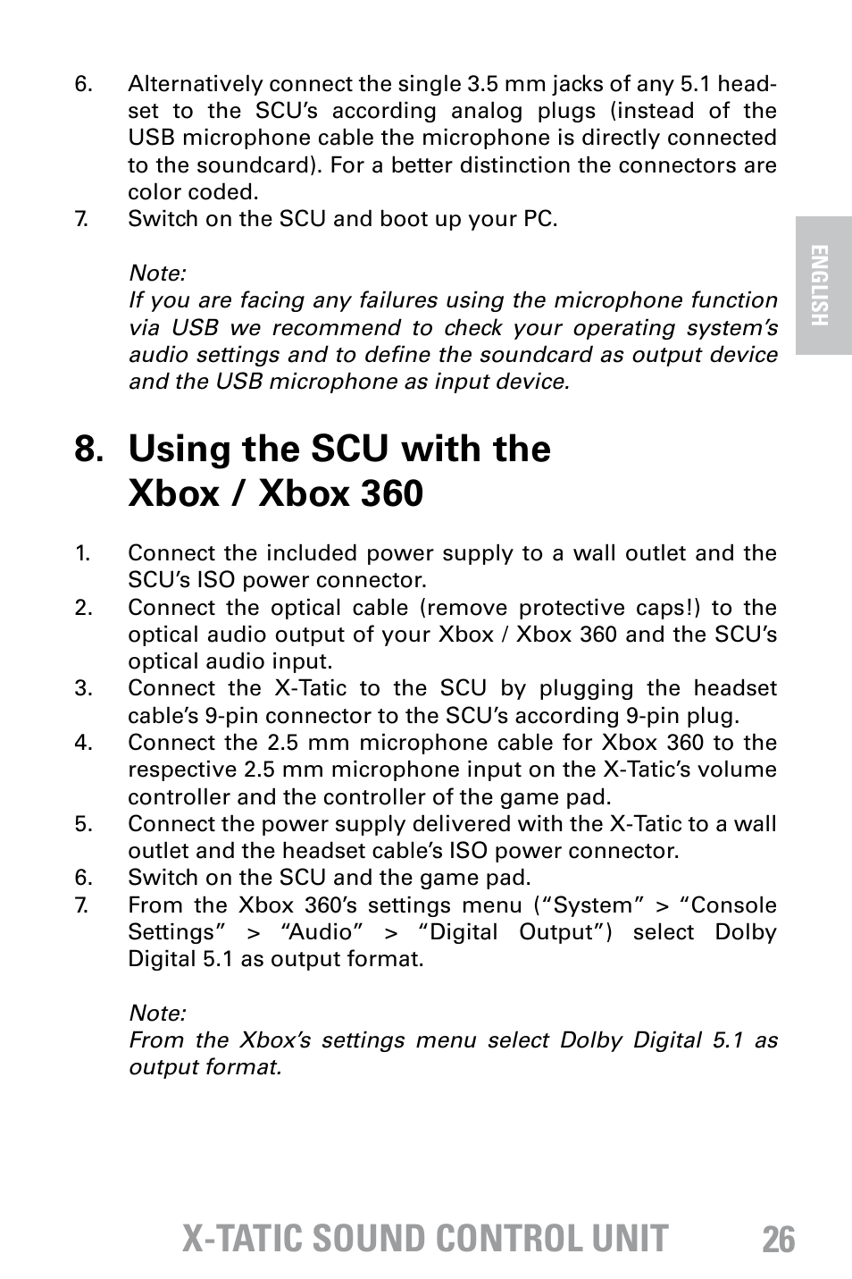 X-tatic sound control unit, Using the scu with the xbox / xbox 360 | SHARKOON X-Tatic Sound Control Unit User Manual | Page 11 / 13