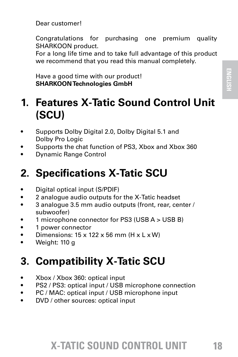 X-tatic sound control unit, Features x-tatic sound control unit (scu), Specifications x-tatic scu | Compatibility x-tatic scu | SHARKOON X-Tatic Sound Control Unit User Manual | Page 3 / 13