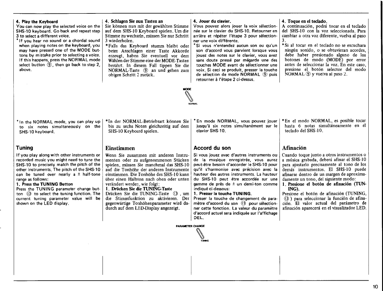 Tuning, Einstimmen, Accord du son | Afinación | Yamaha SHS-10 User Manual | Page 11 / 40