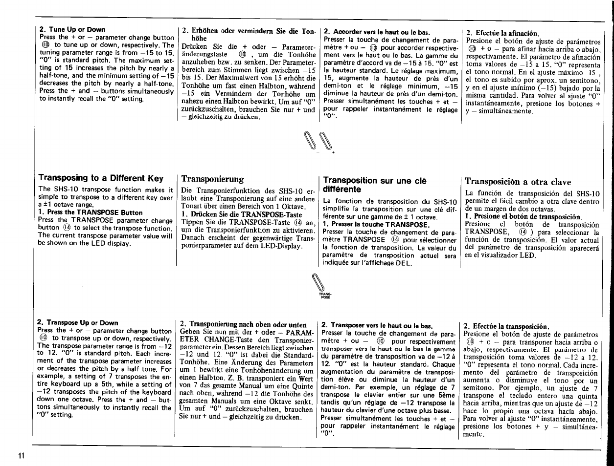 Transposing to a different key, Transponierung, Transposition sur une clé différente | Transposición a otra clave | Yamaha SHS-10 User Manual | Page 12 / 40