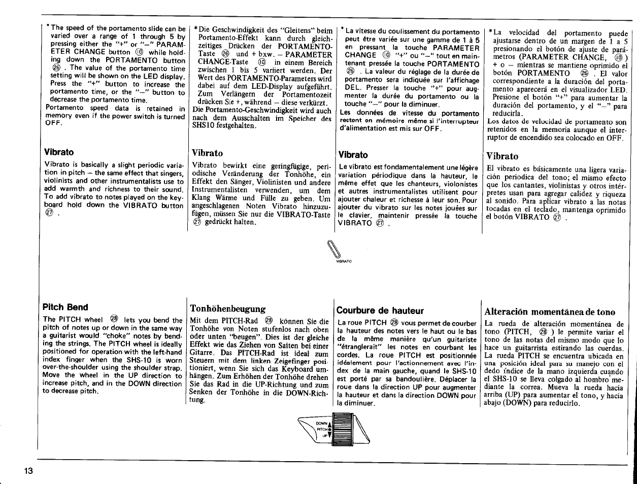 Vibrato, Pitch bend, Tonhöhenbeuffung | Courbure de hauteur, Alteración momentánea de tono | Yamaha SHS-10 User Manual | Page 14 / 40