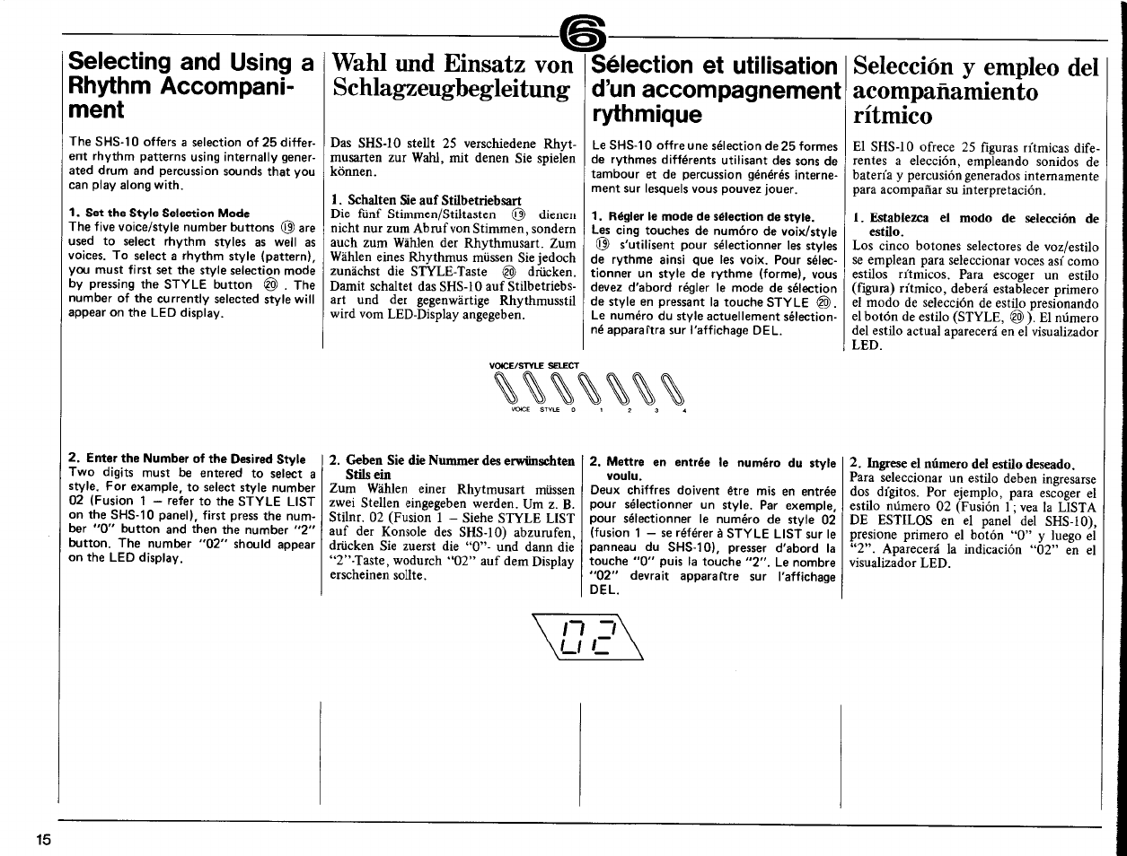 Wahl und einsatz von schlagzeugbegleitung, Selección y empleo del, Acompañamiento | Rítmico, Selección y empleo del acompañamiento rítmico, Selecting and using a rhythm accompani­ ment | Yamaha SHS-10 User Manual | Page 16 / 40