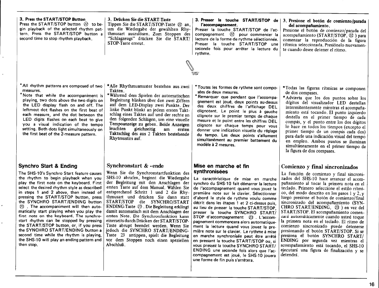 Synchro start & ending, Synchronstart & -ende, Mise en marche et fin synthronisées | Comienzo y final sincronizados | Yamaha SHS-10 User Manual | Page 17 / 40