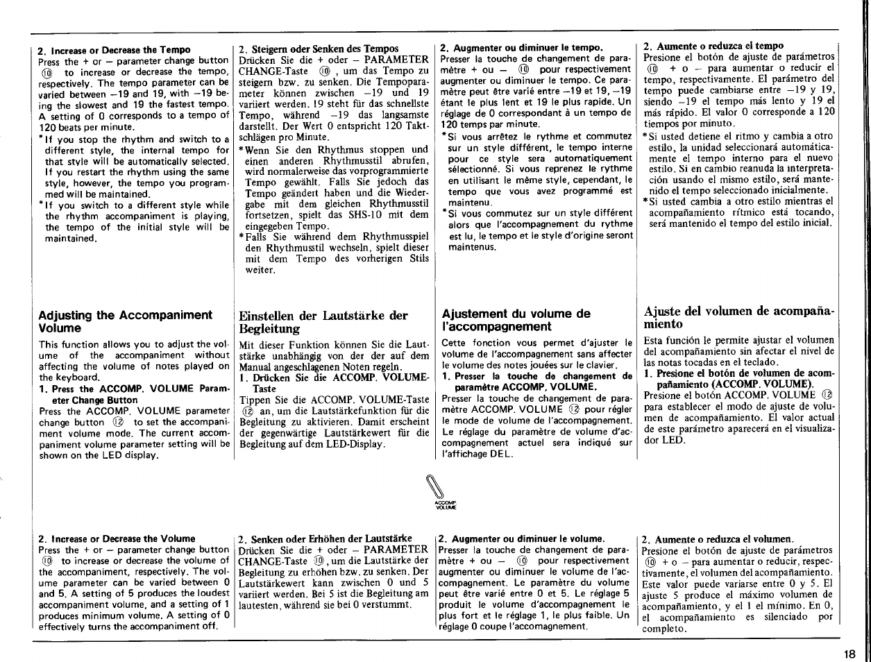 Adjusting the accompaniment volume, Einstellen der lautstärke der, Begleitung | Ajustement du volume de taccompagnement, Ajuste del volumen de acompañamiento | Yamaha SHS-10 User Manual | Page 19 / 40