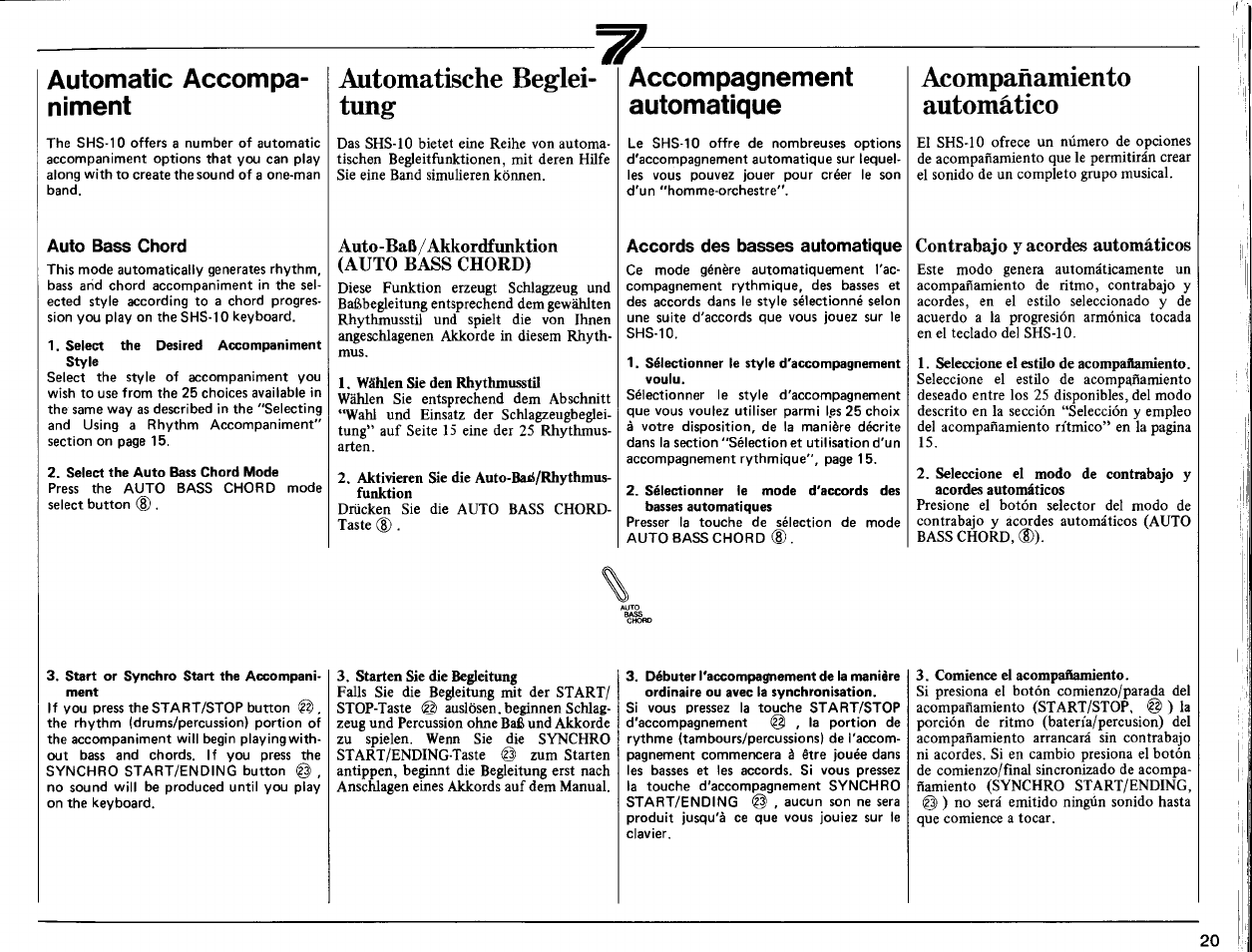 Automatic accompaniment, Auto bass chord, Automatische begleitung | Auto-baß / akkordfunktion (auto bass chord), Accompagnement, Automatique, Accords des basses automatique, Acompañamiento, Automàtico, Contrabajo y acordes automáticos | Yamaha SHS-10 User Manual | Page 21 / 40