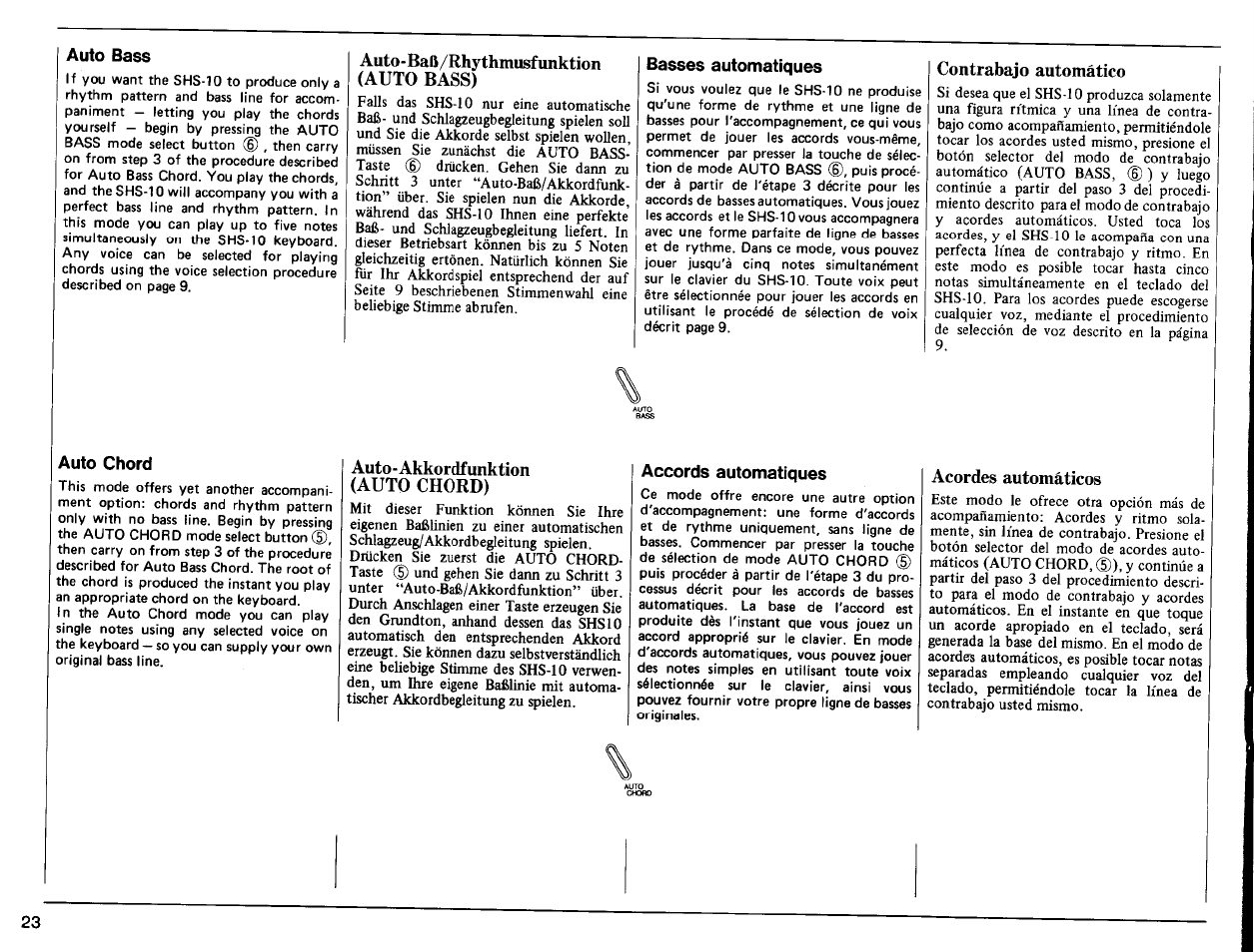 Auto bass, Auto-baß/rhythmusfunktion (auto bass), Basses automatiques | Contrabajo automático, Auto chord, Auto - akkordfunktion (auto chord), Accords automatiques, Acordes automáticos | Yamaha SHS-10 User Manual | Page 24 / 40