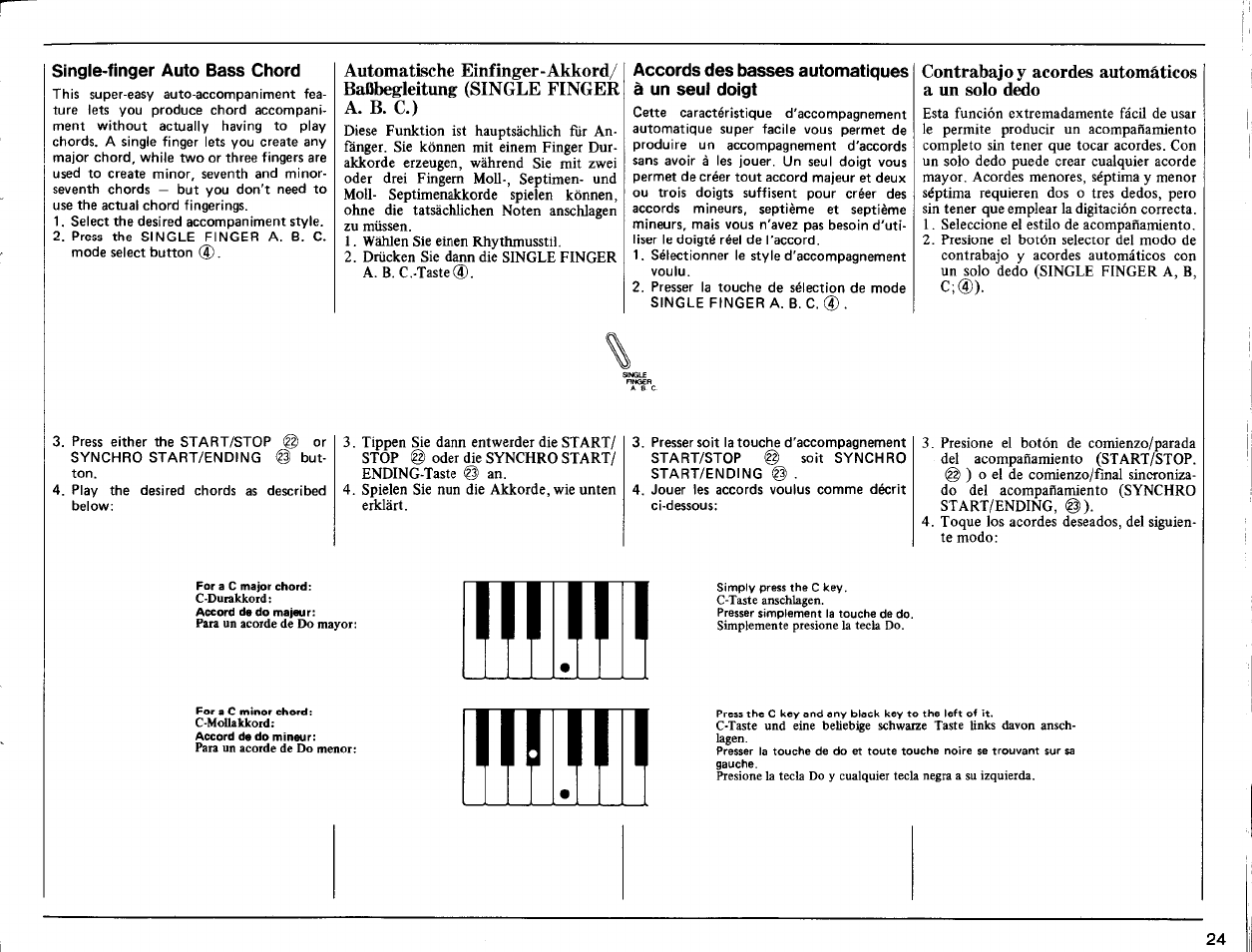 Single-finger auto bass chord, Accords des basses automatiques à un seul doigt, Contrabajo y acordes automáticos a un solo dedo | Yamaha SHS-10 User Manual | Page 25 / 40